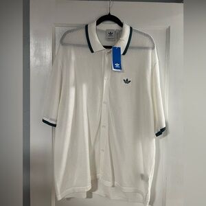 NWT Adidas Oversized Casual White and Green Mesh Polo Button Down
